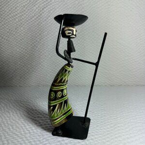 Vintage Handcrafted Tribal Candle Holder With African Motif Metal & Cow Horn